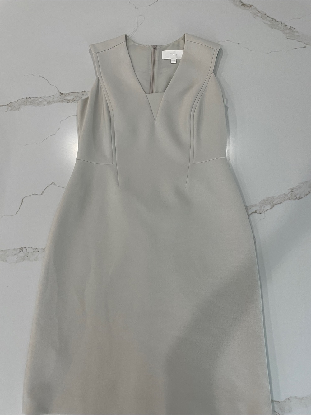 Boss Sleeveless V-Neck Midi Sheath Dress in Light Gray